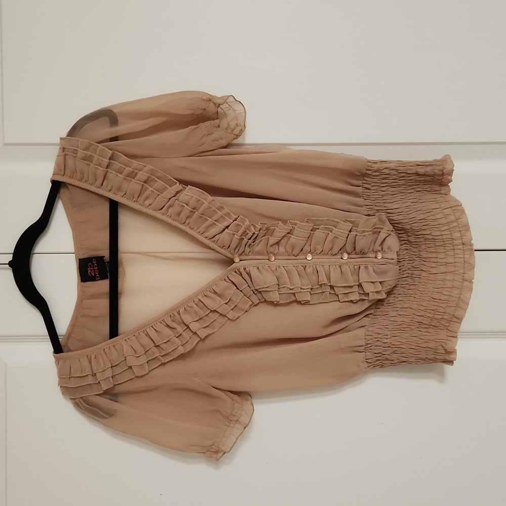 Bebe Ruffled Sheer Tan Short Sleeve Blouse